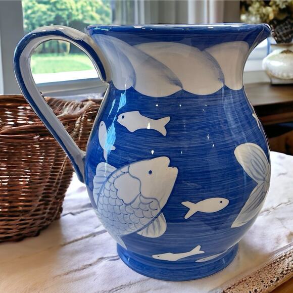 Jay Willfred Andrea by Sadek Pitcher Vase Blue & White Fish Hand Painted Asian - Picture 1 of 8